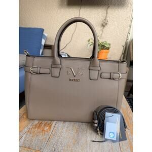 Versace 19v69 Italia Taupe Pebbled Satchel Tote Zip Detachable Strap Gold NWT